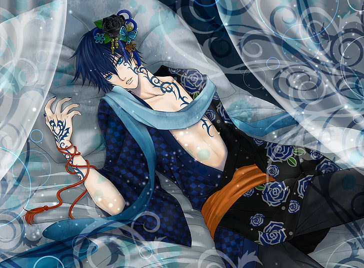 HD wallpaper: blue-haired guy anime, curls, tattoo, bed, kimono, vocaloid,  kaito | Wallpaper Flare