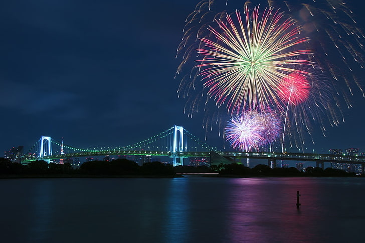 Boshporus Bridge, Turkey, fireworks, Rainbow Bridge, Tokyo, Japan