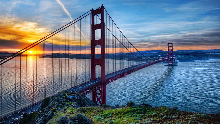Golden Gate Bridge, San Francisco, HDR, sunset, sea, USA, sky, HD wallpaper
