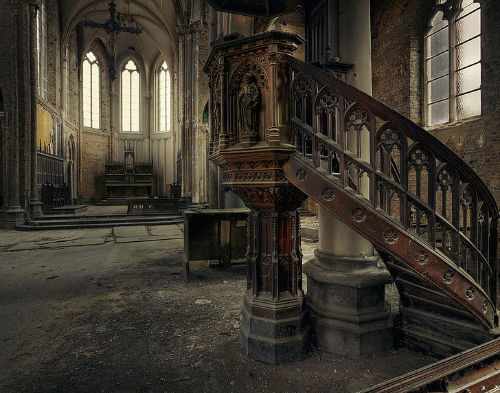 building, abandoned, interior, cross, church, staircase, ancient, HD wallpaper