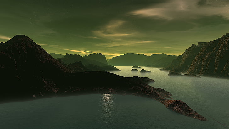 8k uhd, landscape, darkness, cloudy, misty, fjord