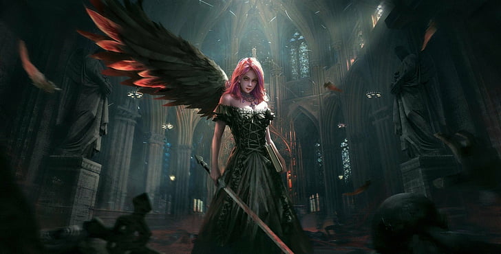 Fantasy, Angel Warrior, Cathedral, Church, Dark, Fallen Angel, HD wallpaper