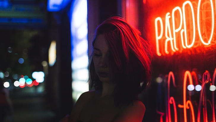 women, neon, redhead, pierced nose, HD wallpaper
