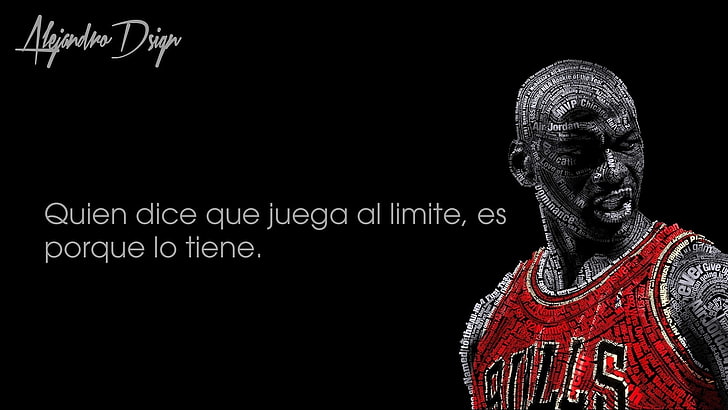 black background with text overlay, typographic portraits, Michael Jordan