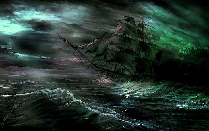 fantasy, Ghost, ocean, sea, ship, Shipwreck, spooky, storm, HD wallpaper