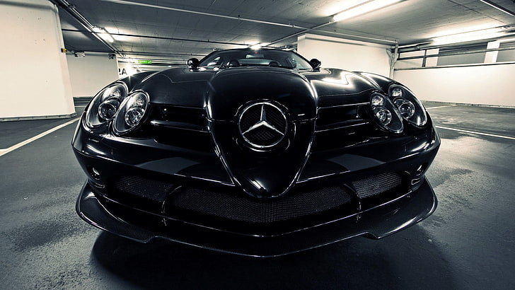 black Mercedes-Benz sedan, supercars, indoors, mode of transportation
