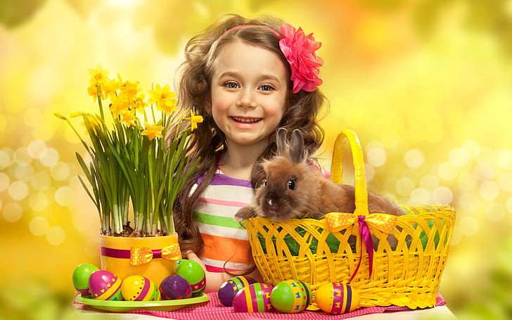Easter eggs, cute girl, rabbit, flowers, HD wallpaper