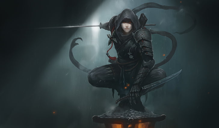 man in black hoodie illustration, untitled, fantasy art, ninjas, HD wallpaper