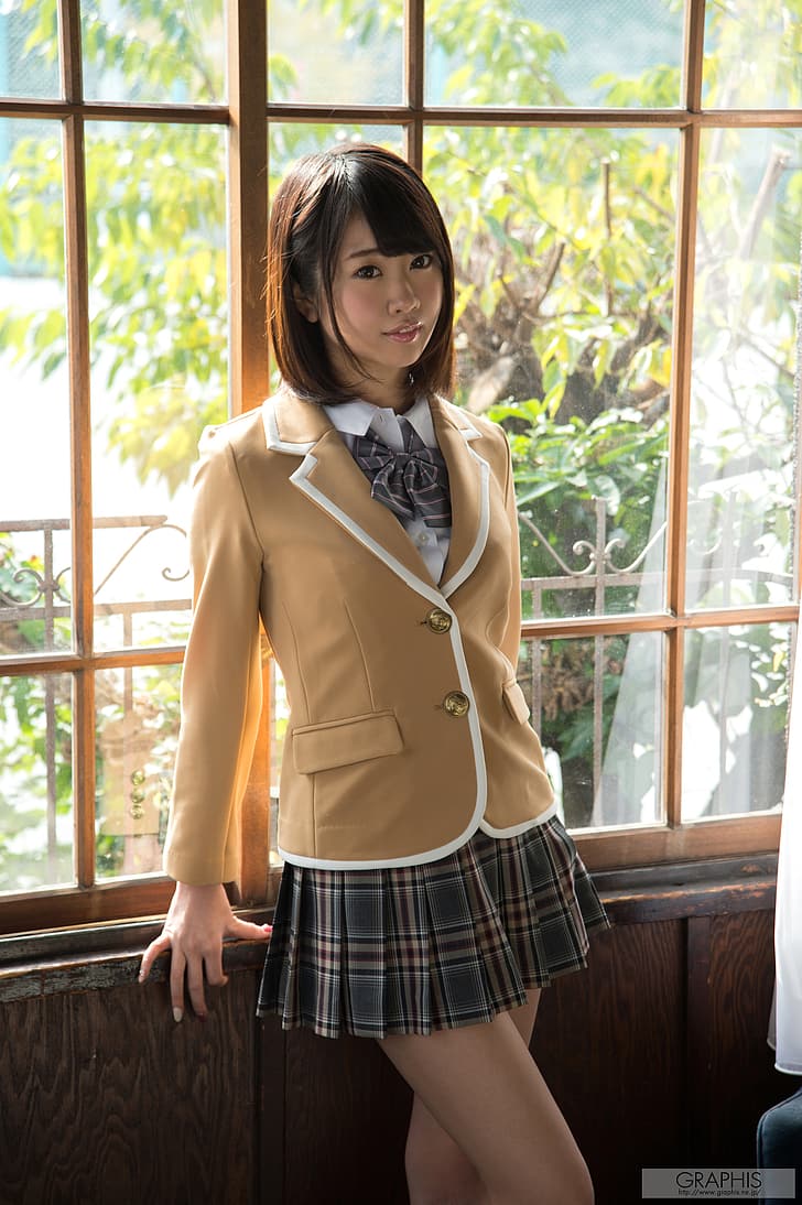 Suzu Harumiya, brunette, Asian, short hair, graphis, school uniform, HD wallpaper