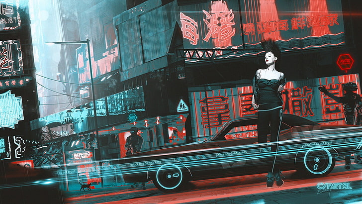 woman standing beside car poster, artwork, cyberpunk, Kuldar Leement