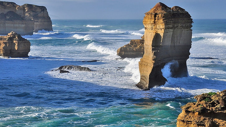 brown stone cliff, nature, landscape, sea, beach, rock, coast, HD wallpaper