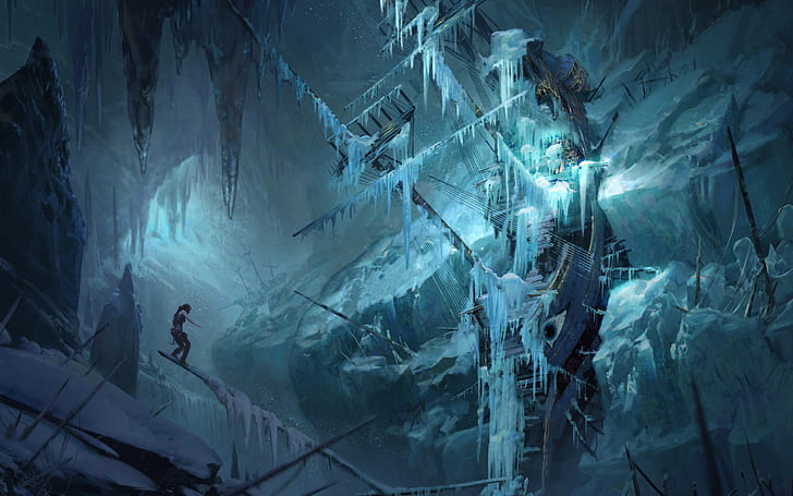 Rise of the Tomb Raider, art, frozen clipper ship, winter, sailboat