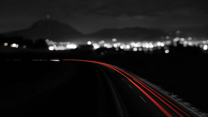 time lapse photo of highway in bokeh, long exposure, road, monochrome
