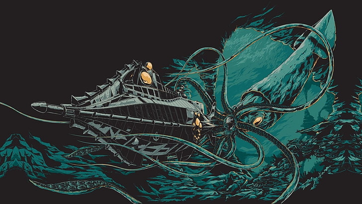 giant squid attacking vessel illustration, digital art, 20000 Leagues Under the Sea