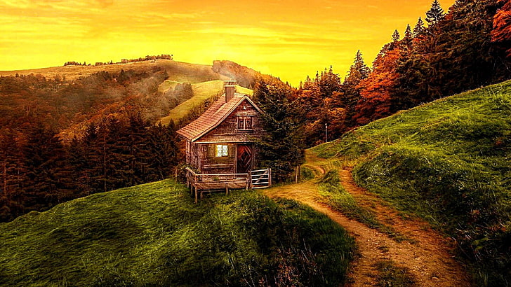 top of the hill, cottage, landscape, nature, sunset, amazing, HD wallpaper