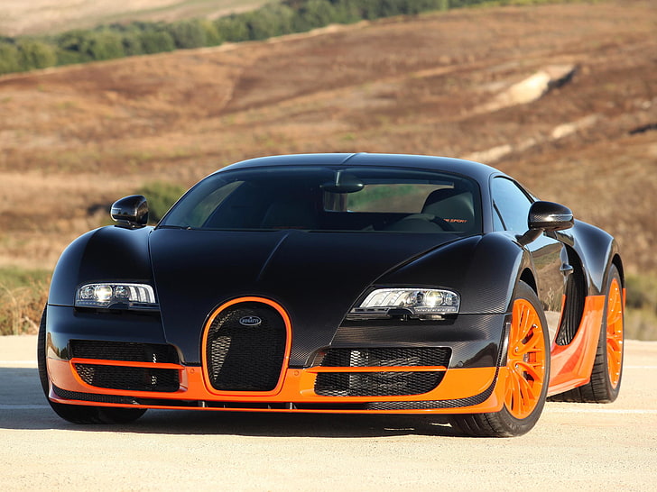 black and orange Bugatti Veyron coupe, supercar, Super Sport
