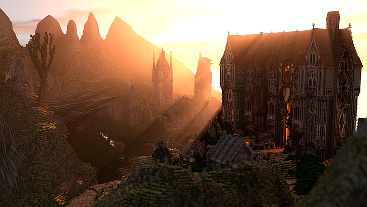 gray house, Minecraft, render, screen shot, mansions, sunset