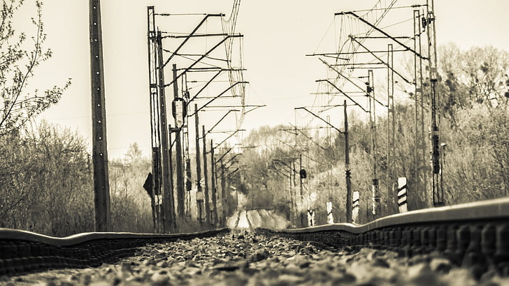 gray train railway, monochrome, worm's eye view, transportation