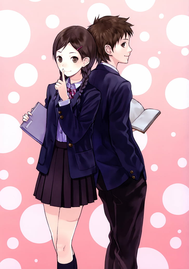 anime, blush, book, couple, girl, guy, hairpins, smile, HD wallpaper