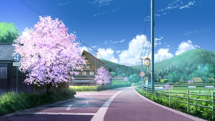 HD wallpaper: Japan, anime, clouds, street, house, Sakura blossom, trees |  Wallpaper Flare