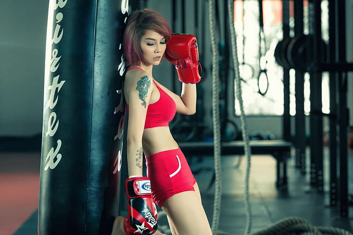 Asian girl boxing, sports, training
