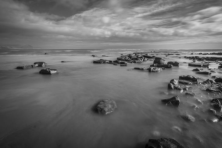 gray-scale photo of beach with rocks, Long Exposure, Lyme  Regis