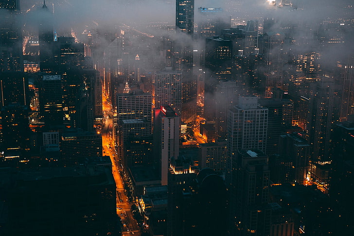 gray high-rise buildings, smoky high-rise buildings, urban, street, HD wallpaper