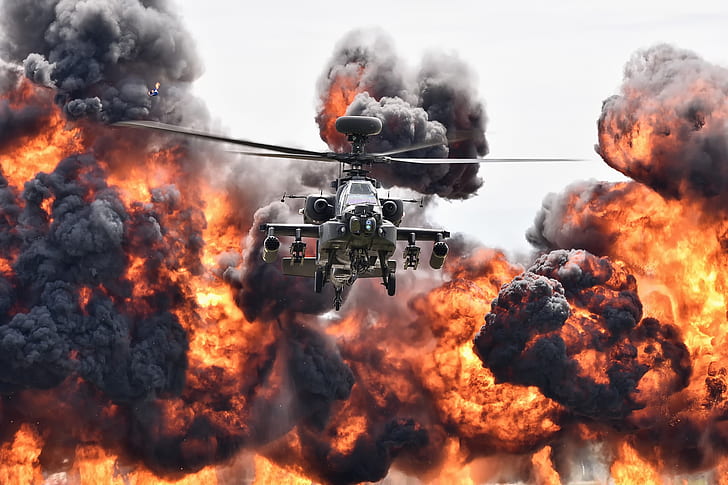 fire, explosion, helicopter, military aircraft, vehicle, Boeing AH-64 Apache, HD wallpaper