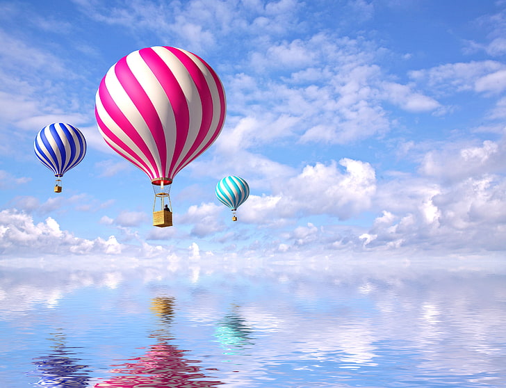 three assorted-color hot air balloons, the sky, water, reflection