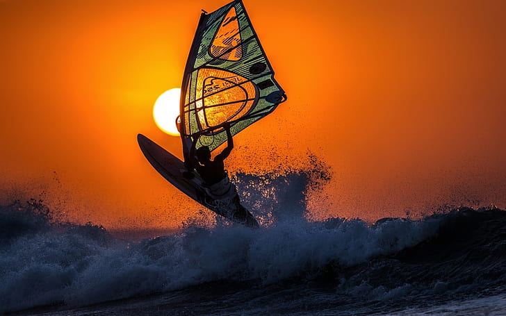 Windsurfing, sea, waves, sun, sunset