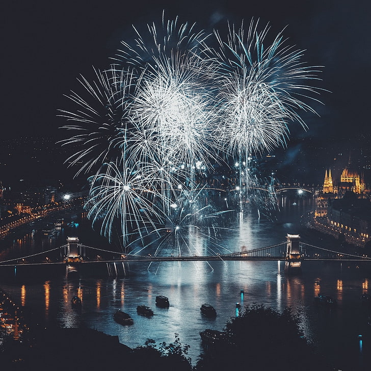 fireworks display, salute, bridge, river, city, night, illuminated, HD wallpaper