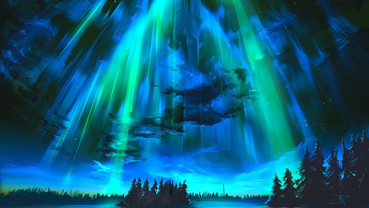 blue and green northern lights, digital art, aurorae, trees, motion