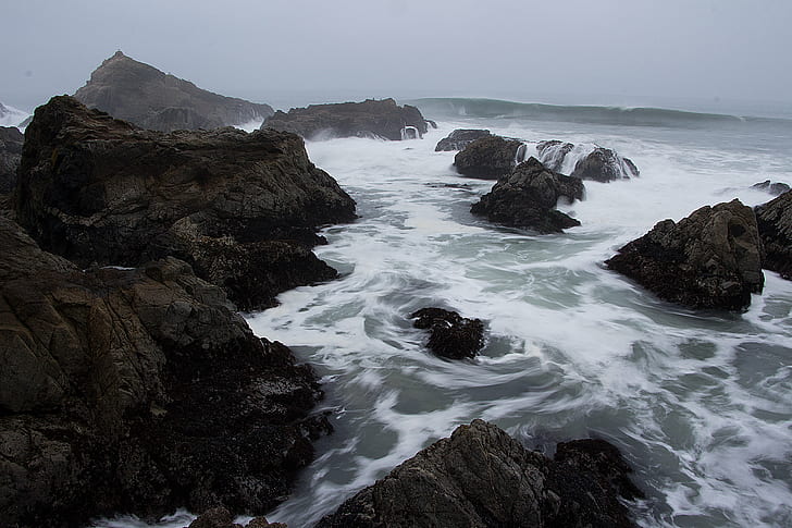 ocean and rocky mountain, Waterfalls, Sonoma  California, California  coast, HD wallpaper