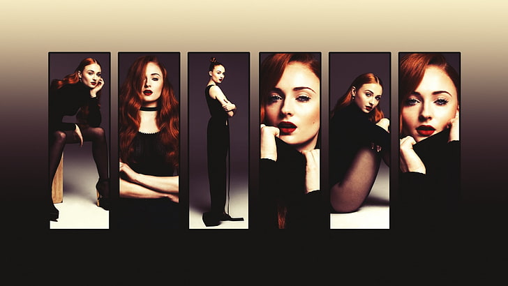 women's black long dress collage, Sophie Turner, celebrity, redhead, HD wallpaper