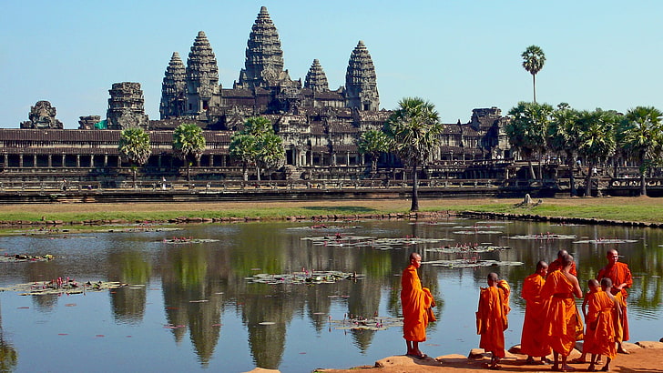 angkor, architecture, buildings, cambodia, males, men, monks, HD wallpaper