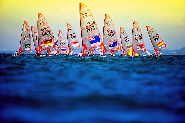 five assorted color of boxes, sailing, sports, water, selective focus, HD wallpaper