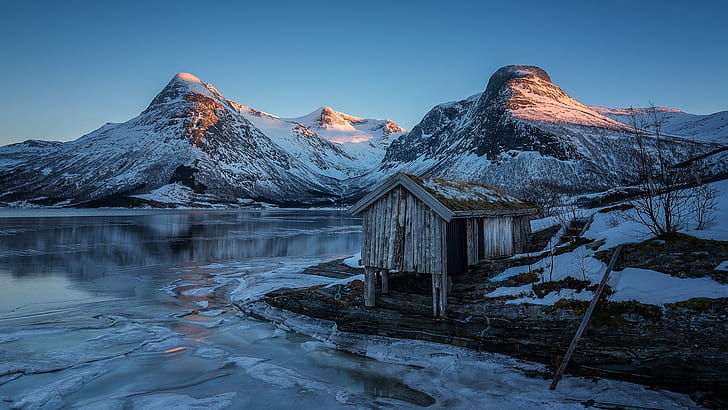 hut, winter, frozen, mountain, frost, reflection, snow, winter landscape, HD wallpaper