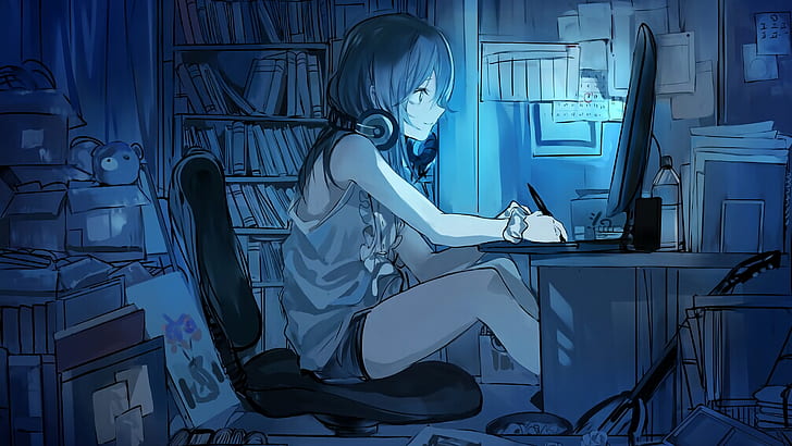 computer, headphones, anime girls