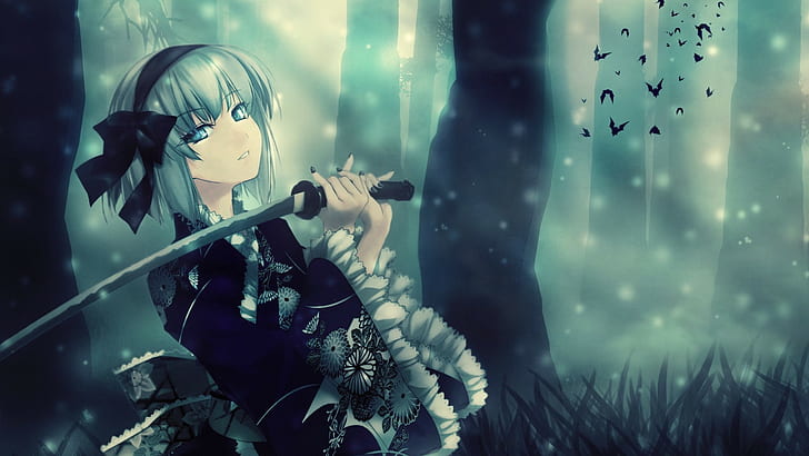 female anime character holding katana sword digital wallpaper