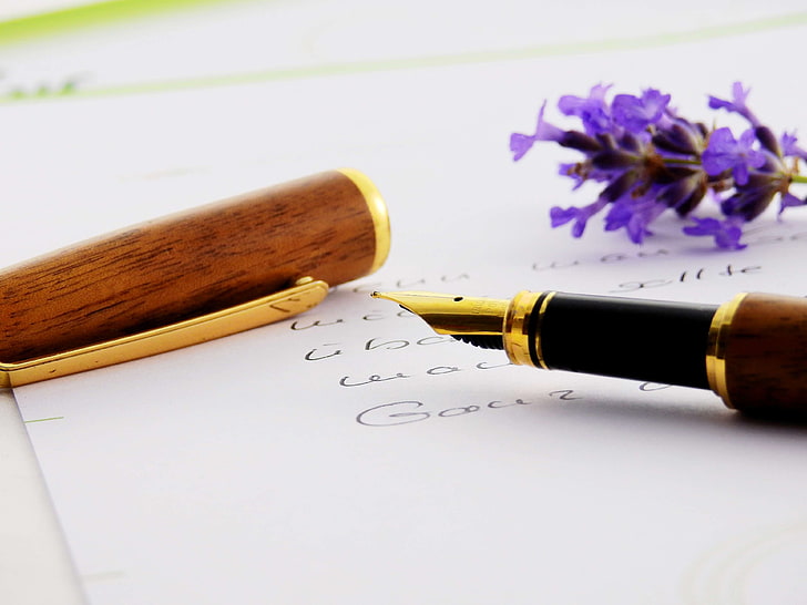 desk, flowers, fountain pen, paper, writing, flowering plant