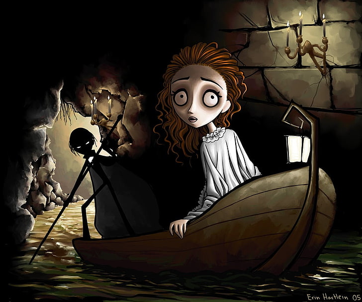 woman on boat inside dark cave near man carrying pole, Phantom of the Opera