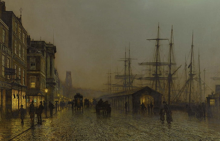 ship, picture, mast, promenade, the urban landscape, John Atkinson Grimshaw