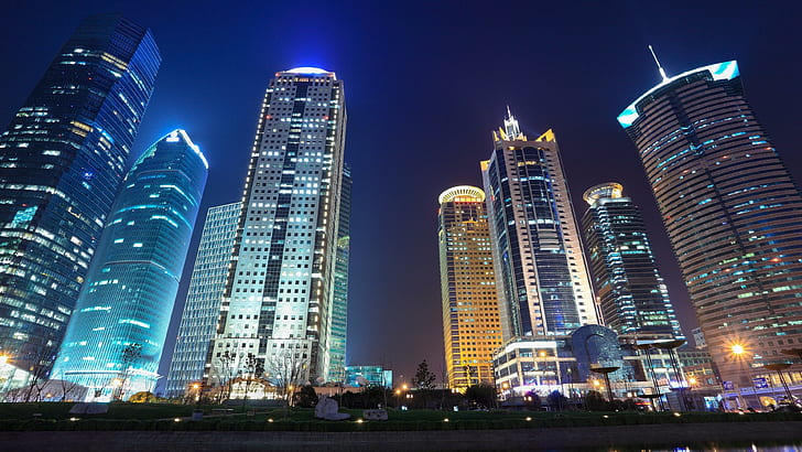 dubai, low angle view, low angle photography, city lights, united arab emirates, HD wallpaper