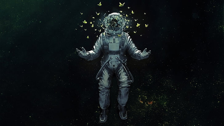 astronaut illustration, butterfly, space, stars, broken glass