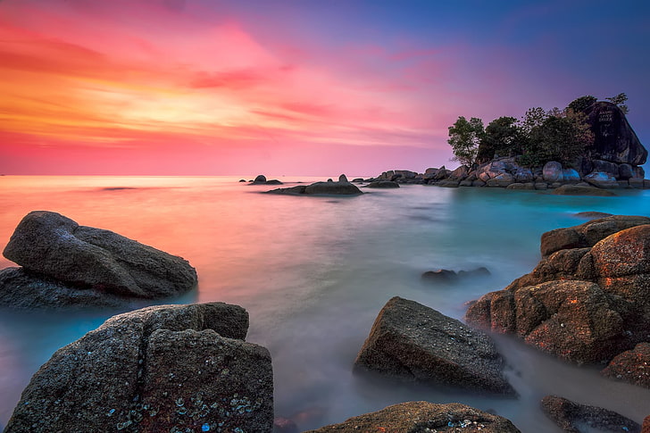 landscape, sea, coast, water, sky, sunset, rock, beauty in nature, HD wallpaper