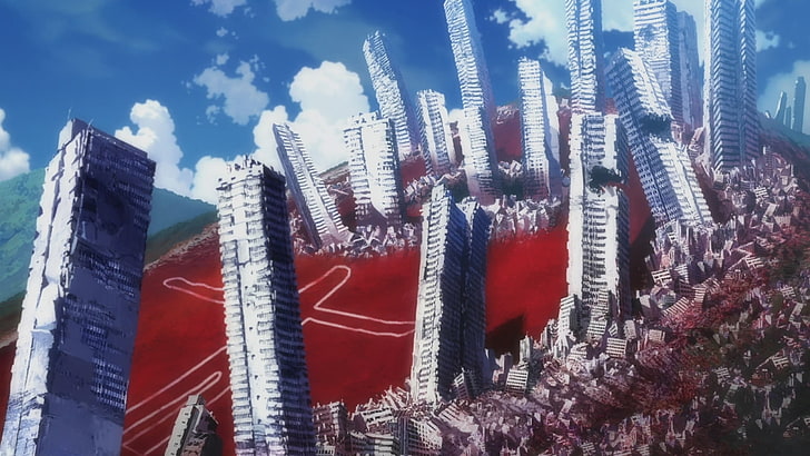 gray building drawing, Neon Genesis Evangelion, city, anime, nature