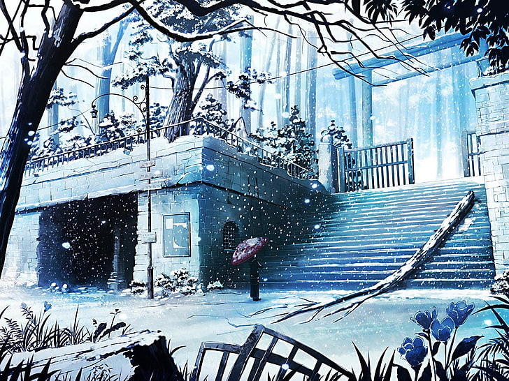 anime, winter, snow, cold temperature, architecture, one person