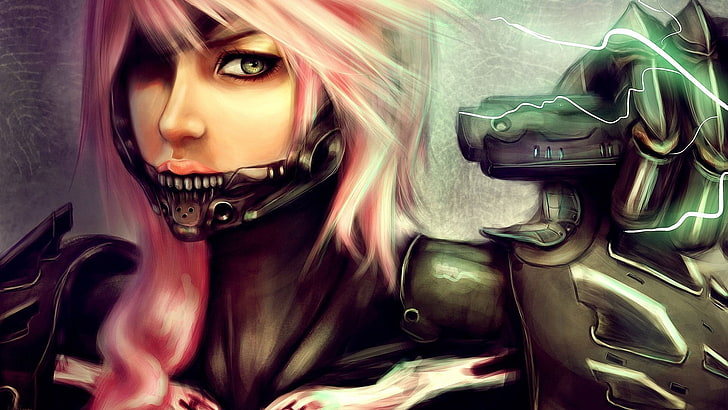 pink-haired woman in black armor character illustration, women