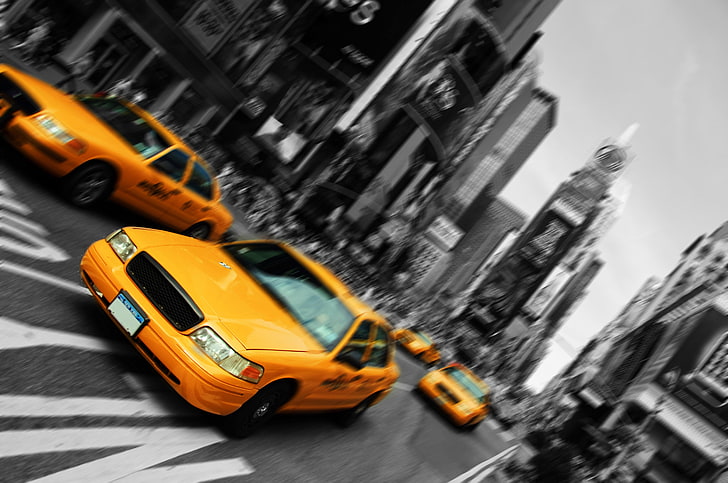yellow Ford Crown Victoria sedan, road, New York, Taxi, New-York