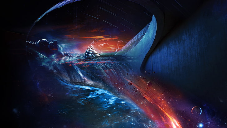 waterfalls digital wallpaper, fantasy art, ship, space, blue